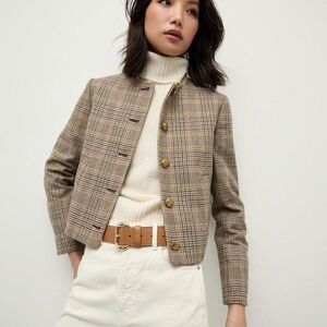 Veronica Beard NEW Andrea Brown Plaid Wool Jacket with Gold Buttons Sz 4 $698